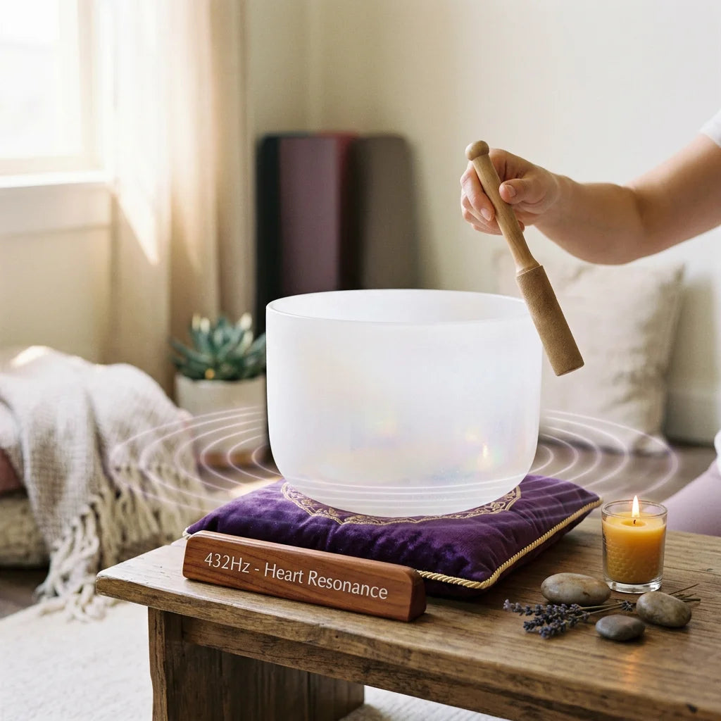 432Hz Frosted Quartz Singing Bowl in a serene meditation setting