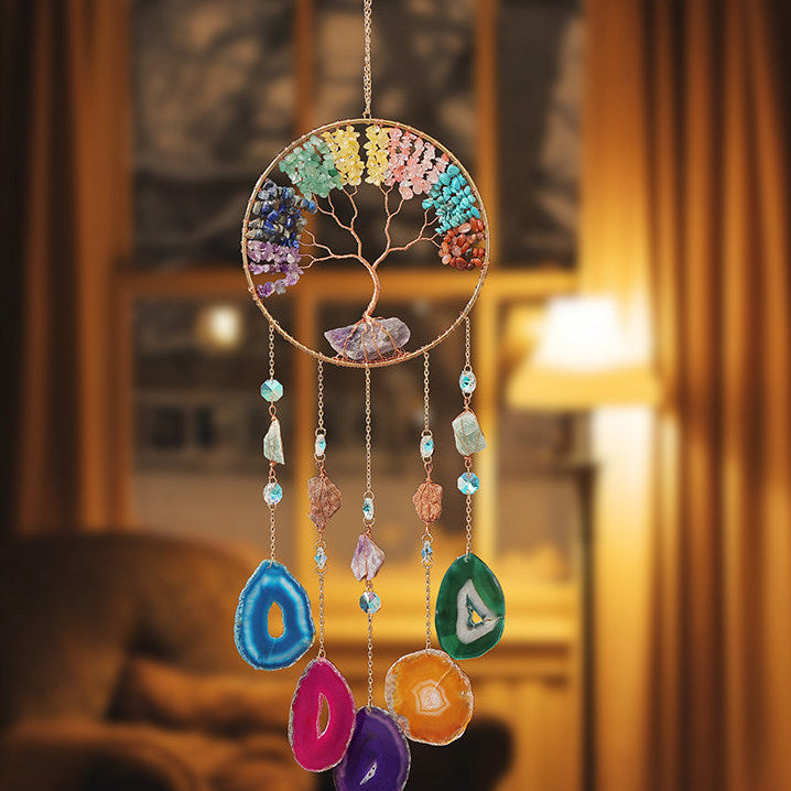 Seven chakra natural crystal agate life tree dream catcher wind chime