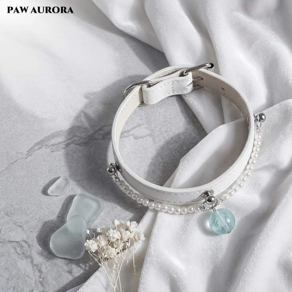 Natural Aquamarine "Ocean Guardian" Pet Collar – Luxury Genuine Leather Cat & Dog Collar, March Birthstone, Communication & Courage