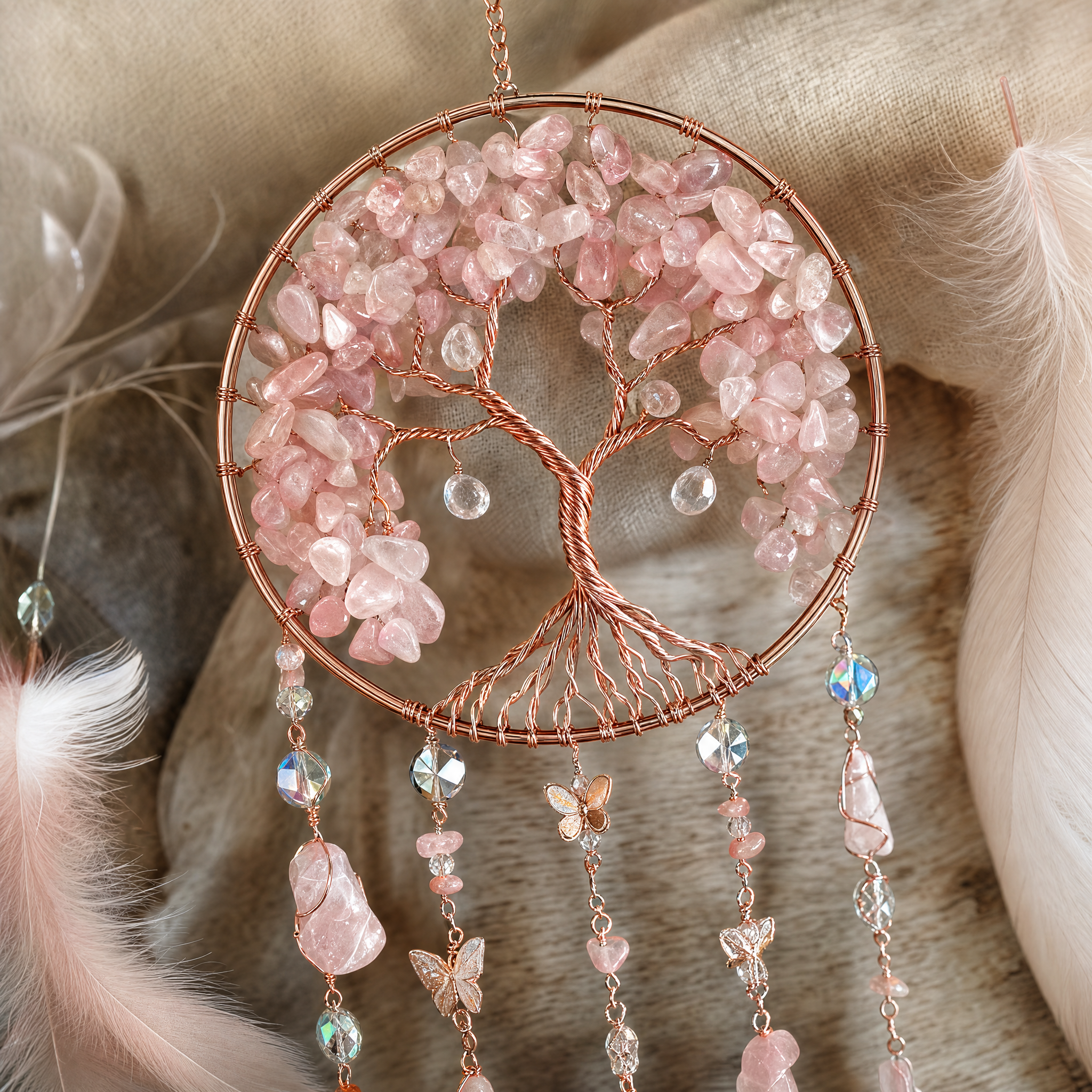 Capture the sunlight, weave a beautiful dream | Natural pink crystal life tree dream-catching net wind chime pendant