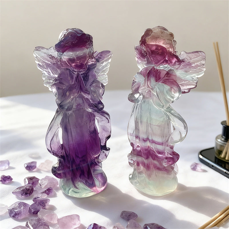 Natural Rainbow Fluorite Angel Sculpture | "Wisdom Stone" Healing Amulet