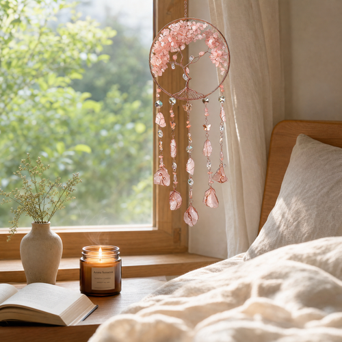 Capture the sunlight, weave a beautiful dream | Natural pink crystal life tree dream-catching net wind chime pendant