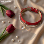 Vermilion Red & Moonlight: Luxury White Quartz Pearl Collar for Cats & Dogs