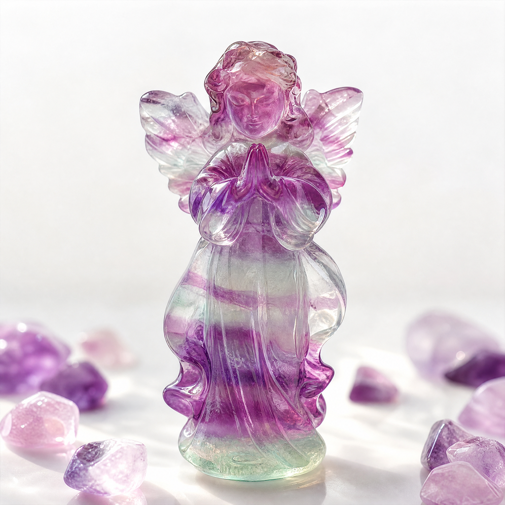 Natural Rainbow Fluorite Angel Sculpture | "Wisdom Stone" Healing Amulet