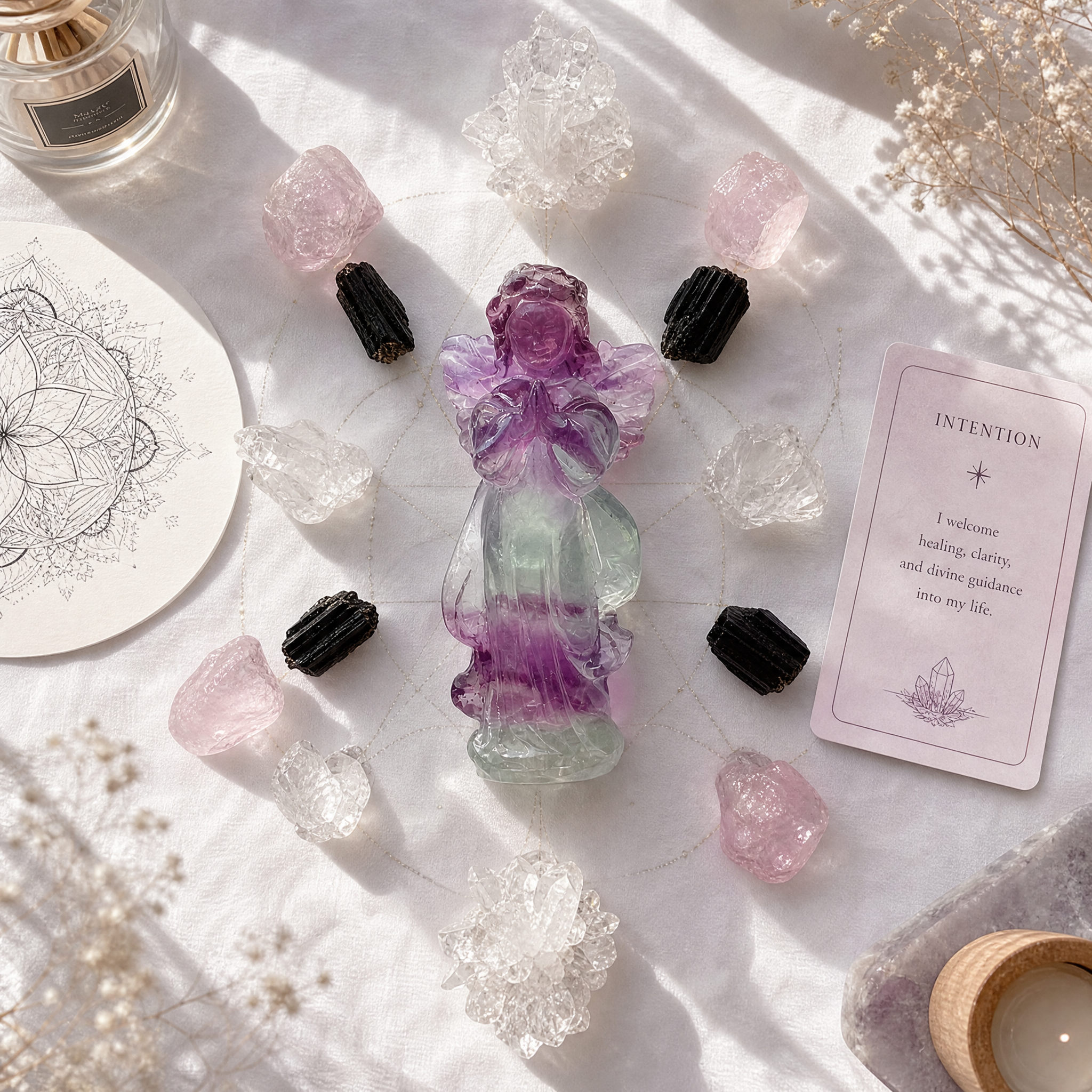 Natural Rainbow Fluorite Angel Sculpture | "Wisdom Stone" Healing Amulet