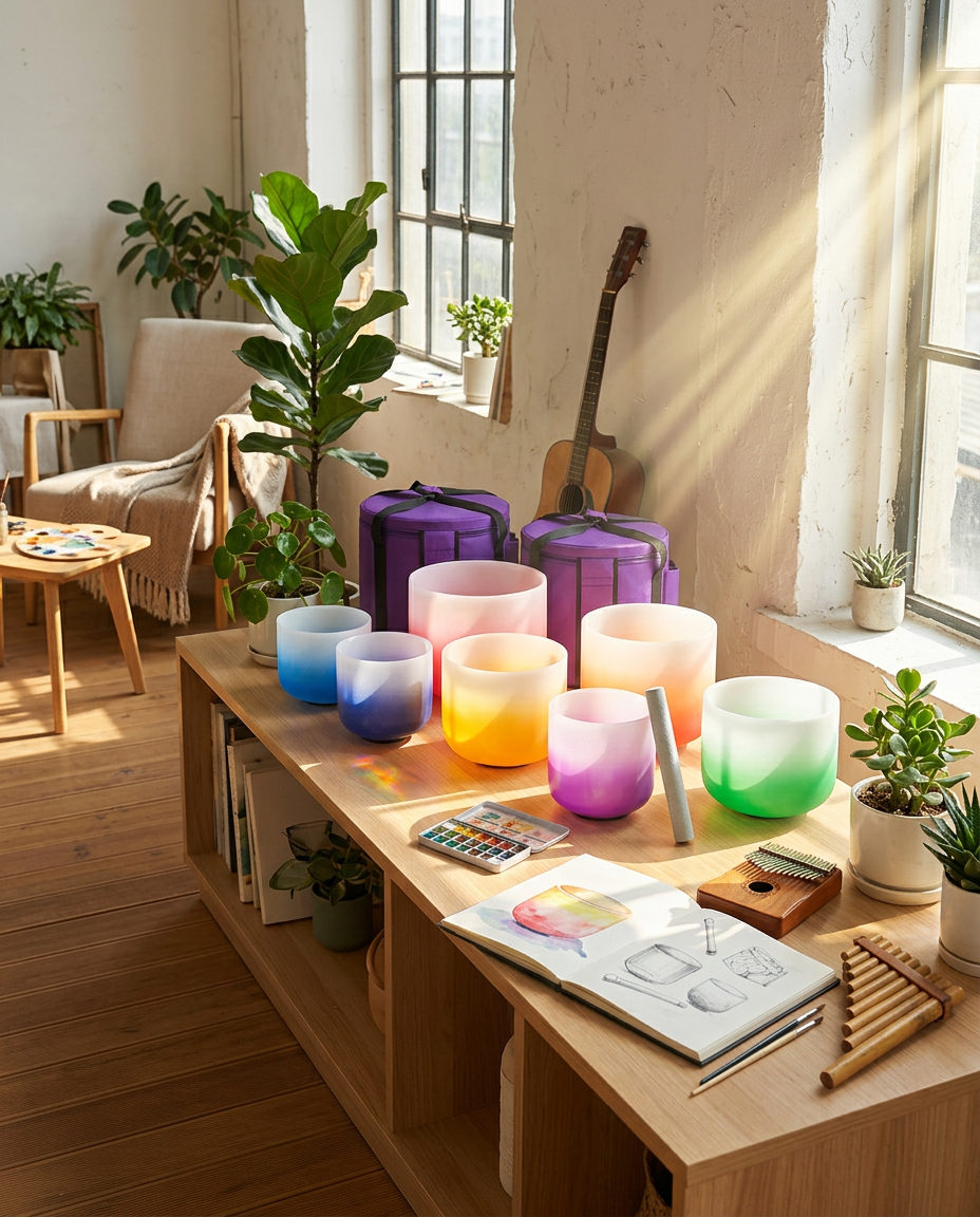 Sacred Frequency | Professional 7-Piece Frosted Quartz Rainbow Singing Bowl Set (432Hz Alignment)