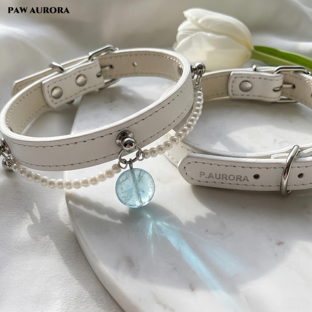 Natural Aquamarine "Ocean Guardian" Pet Collar – Luxury Genuine Leather Cat & Dog Collar, March Birthstone, Communication & Courage