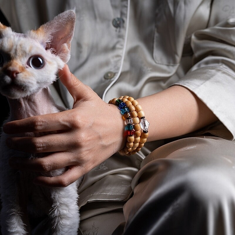 The Twin Frequency Mala – Raw White Bodhi & Clear Quartz Bracelet