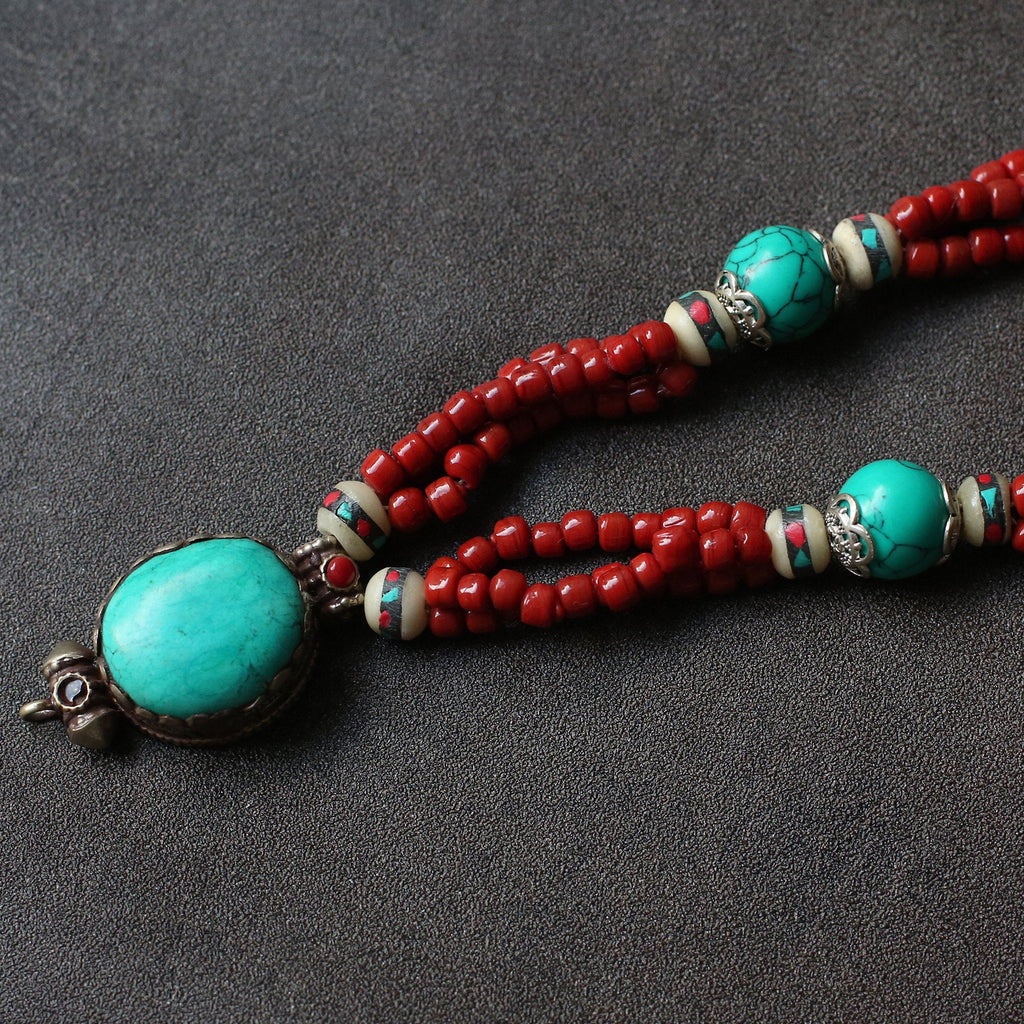 Sacred Fire & Sky Pendant �C Handcrafted Nepalese Turquoise & Coral Talisman