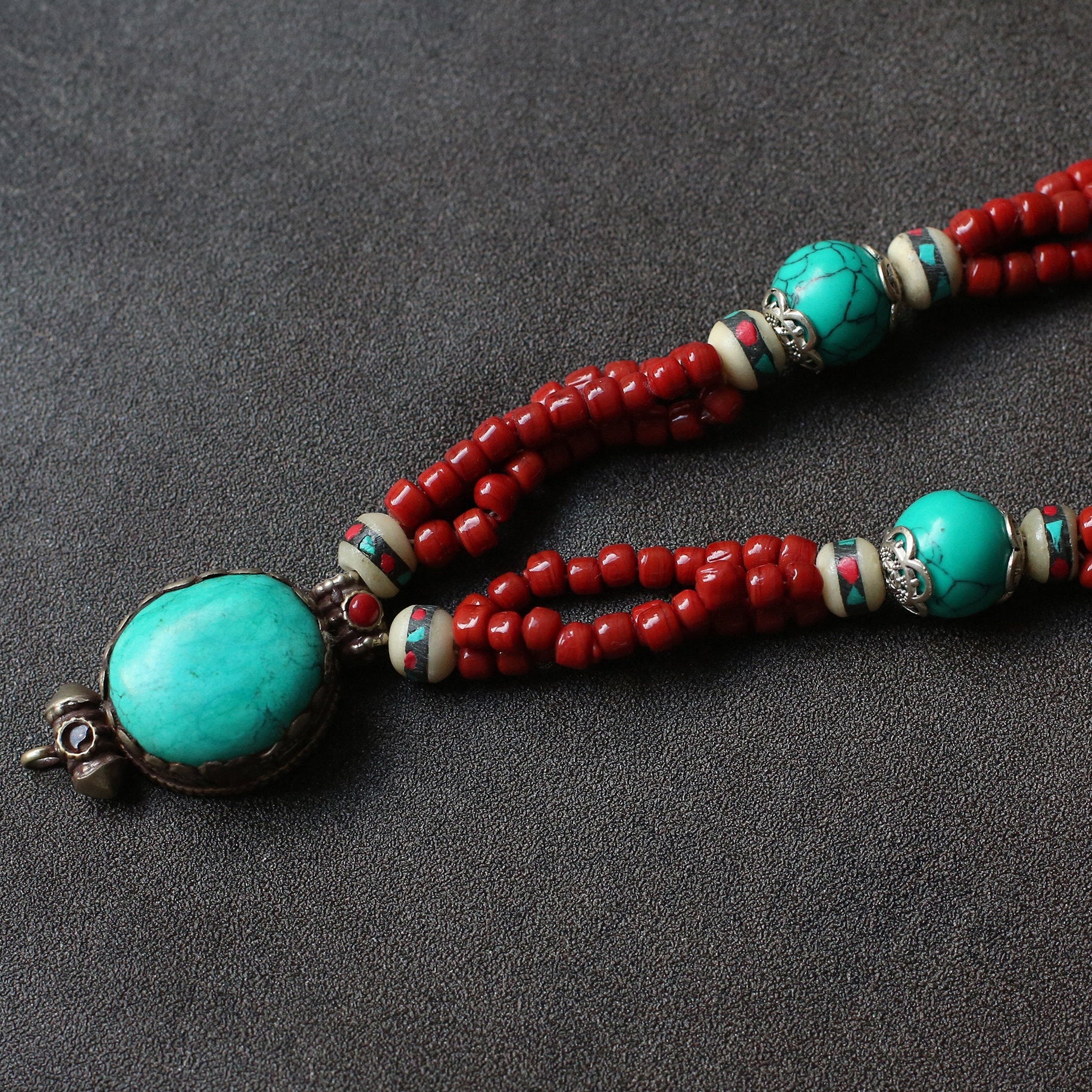 Sacred Fire & Sky Pendant �C Handcrafted Nepalese Turquoise & Coral Talisman