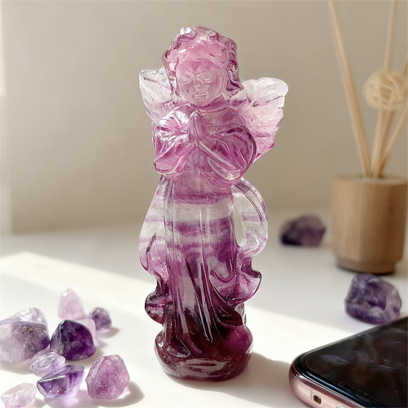 Natural Rainbow Fluorite Angel Sculpture | "Wisdom Stone" Healing Amulet