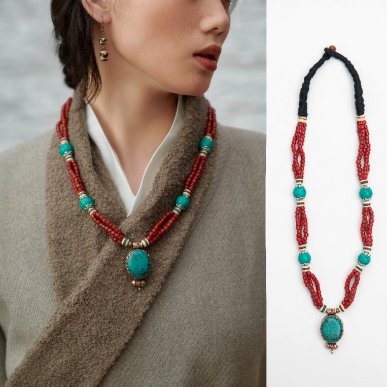 Sacred Fire & Sky Pendant �C Handcrafted Nepalese Turquoise & Coral Talisman