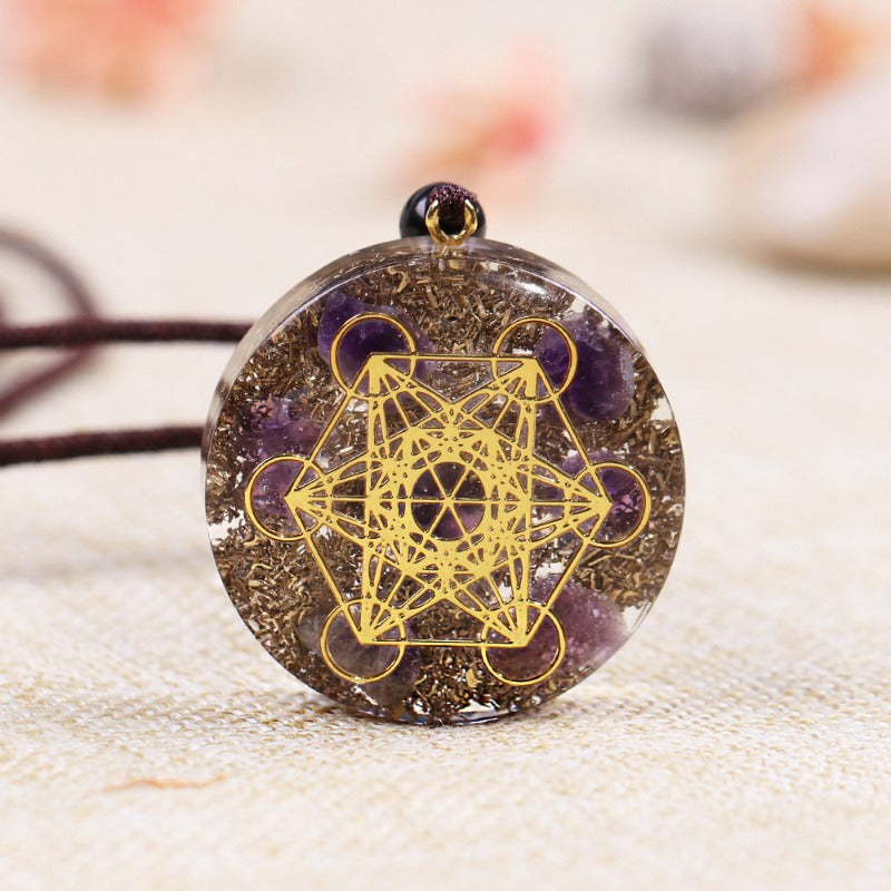 Sacred Geometry Natural Amethyst Energy Pendant