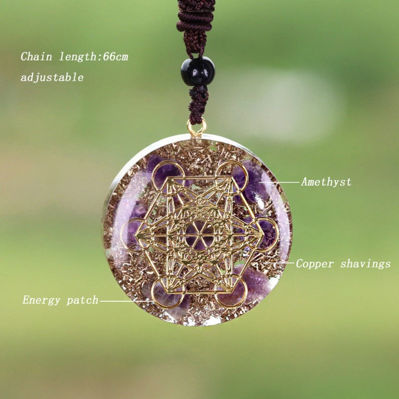 Sacred Geometry Natural Amethyst Energy Pendant