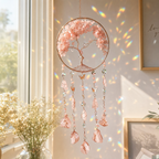 Capture the sunlight, weave a beautiful dream | Natural pink crystal life tree dream-catching net wind chime pendant