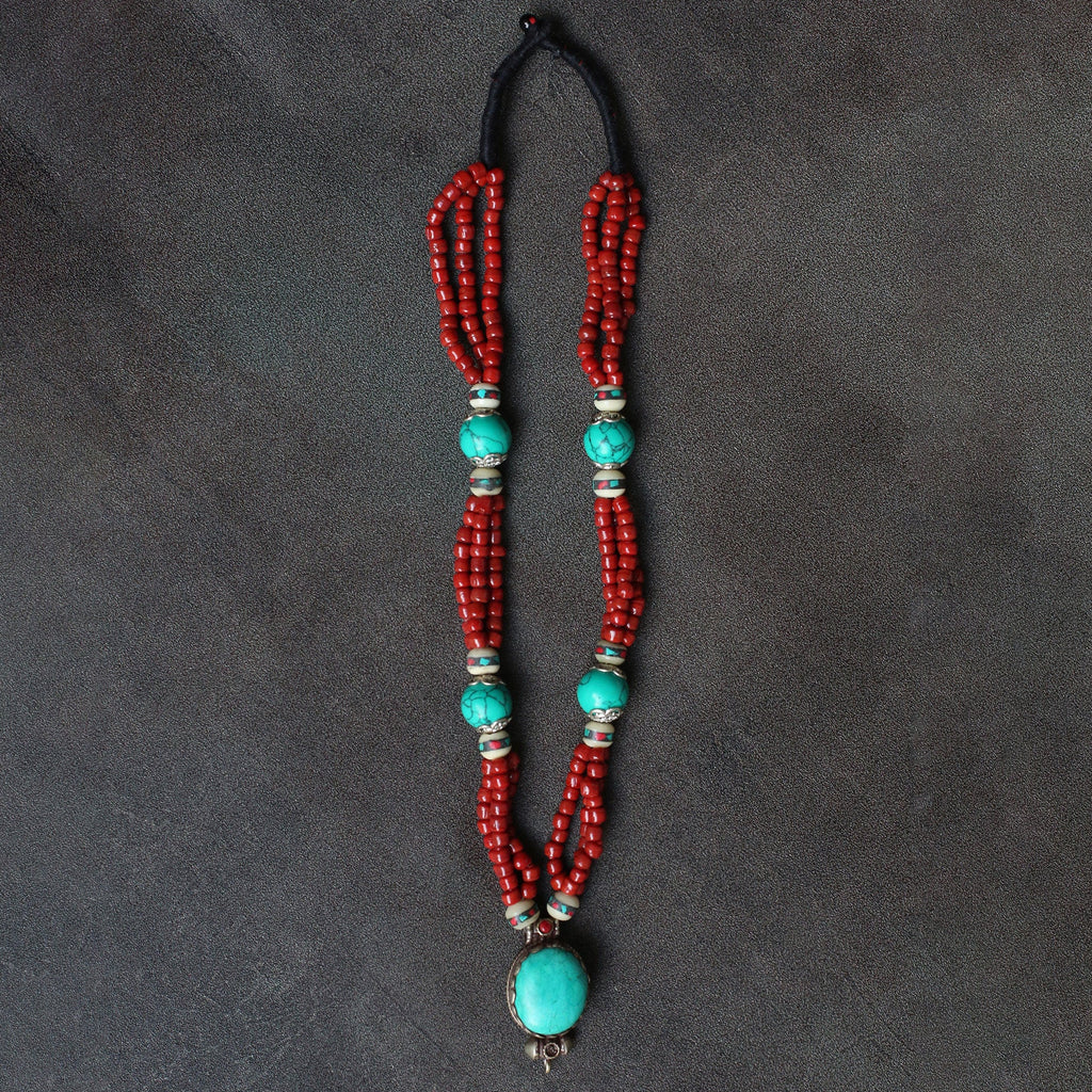 Sacred Fire & Sky Pendant �C Handcrafted Nepalese Turquoise & Coral Talisman