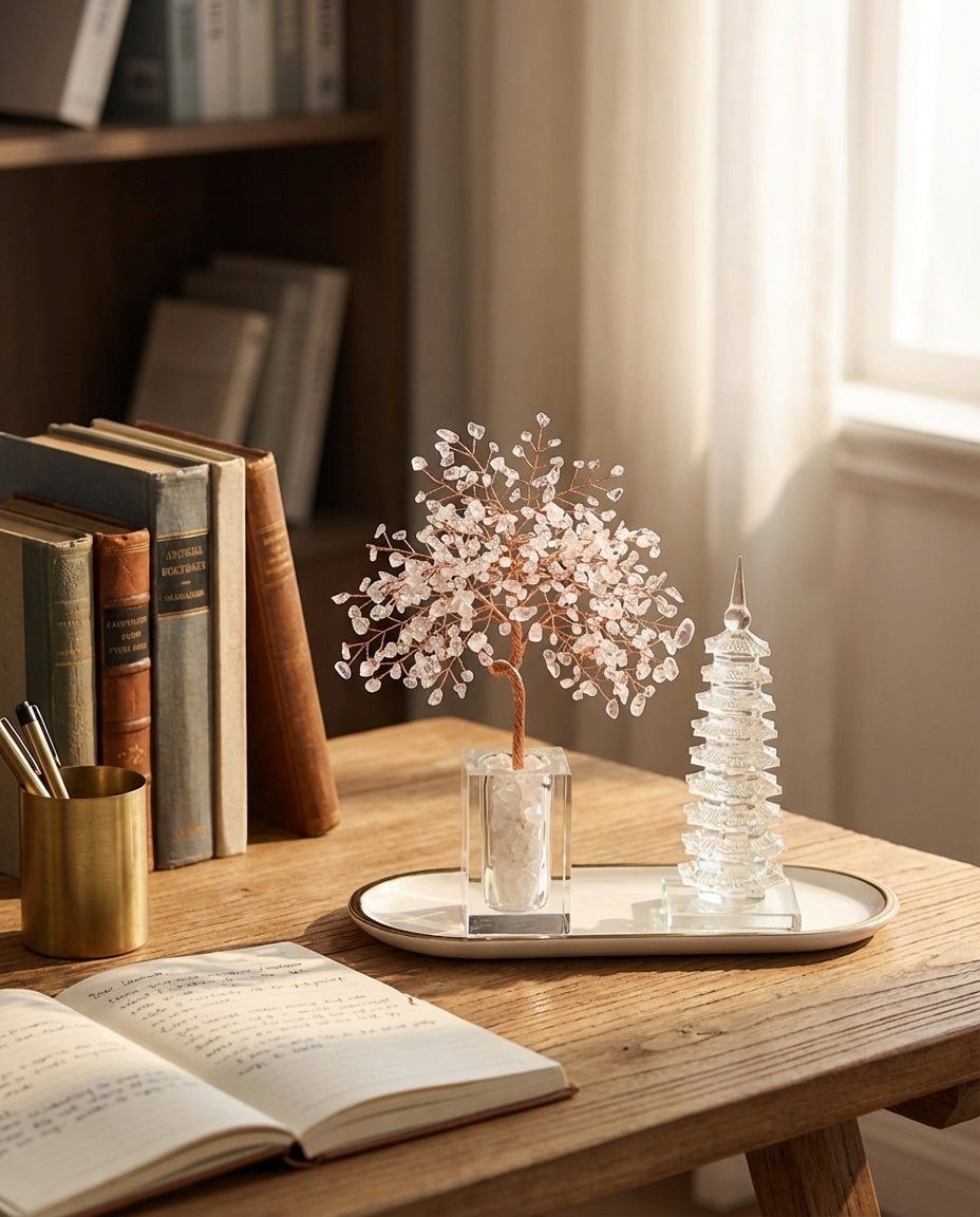 The Twin Spires of Clarity – Natural Clear Quartz Scholar Tree & Pagoda Set