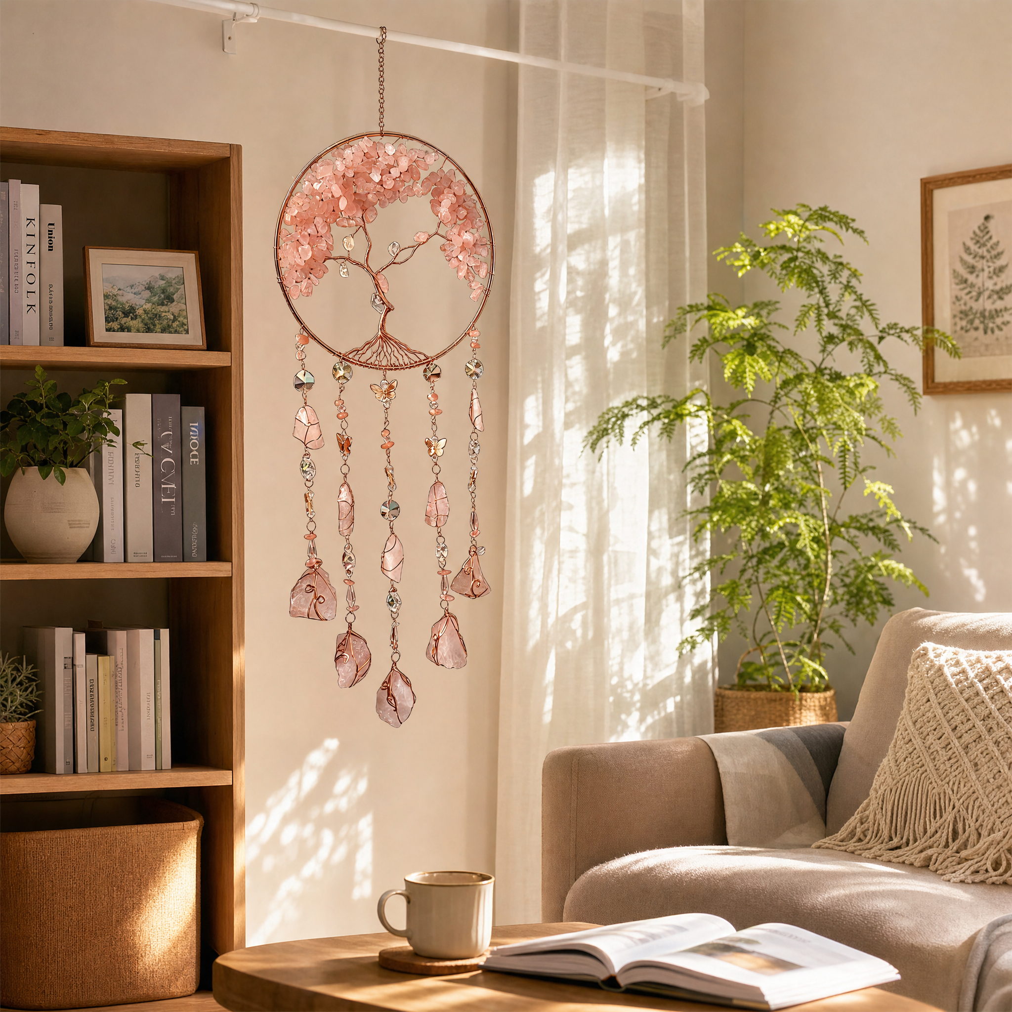 Capture the sunlight, weave a beautiful dream | Natural pink crystal life tree dream-catching net wind chime pendant