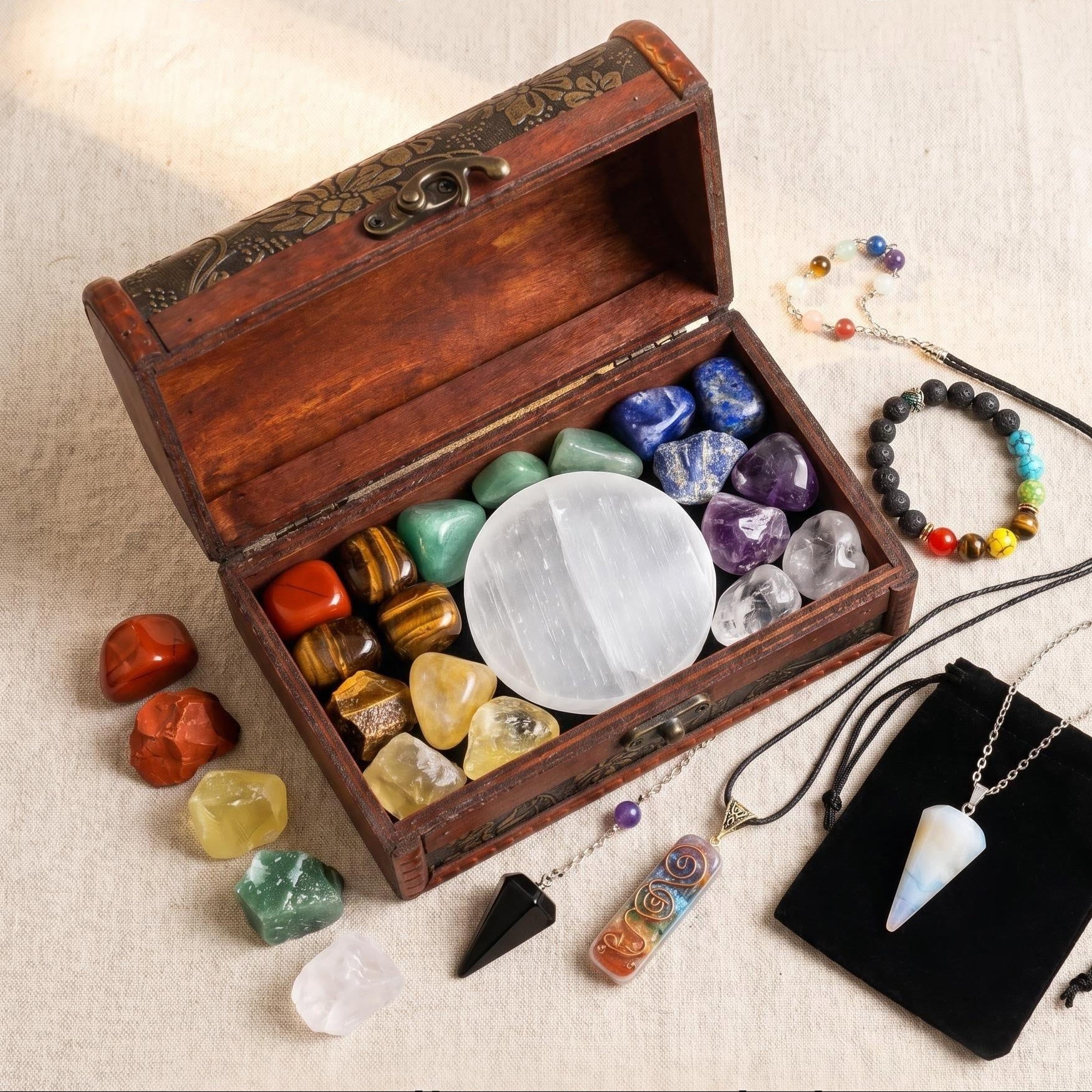 Master Healer Series | 22-Piece Elite Chakra Crystal Ritual Set in Handcrafted Wood Case