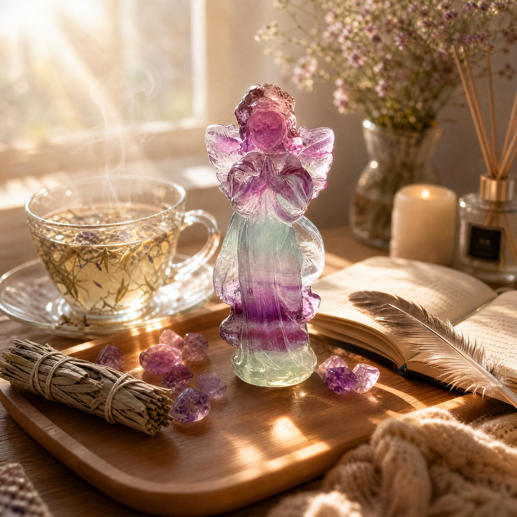Natural Rainbow Fluorite Angel Sculpture | "Wisdom Stone" Healing Amulet