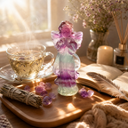 Natural Rainbow Fluorite Angel Sculpture | "Wisdom Stone" Healing Amulet